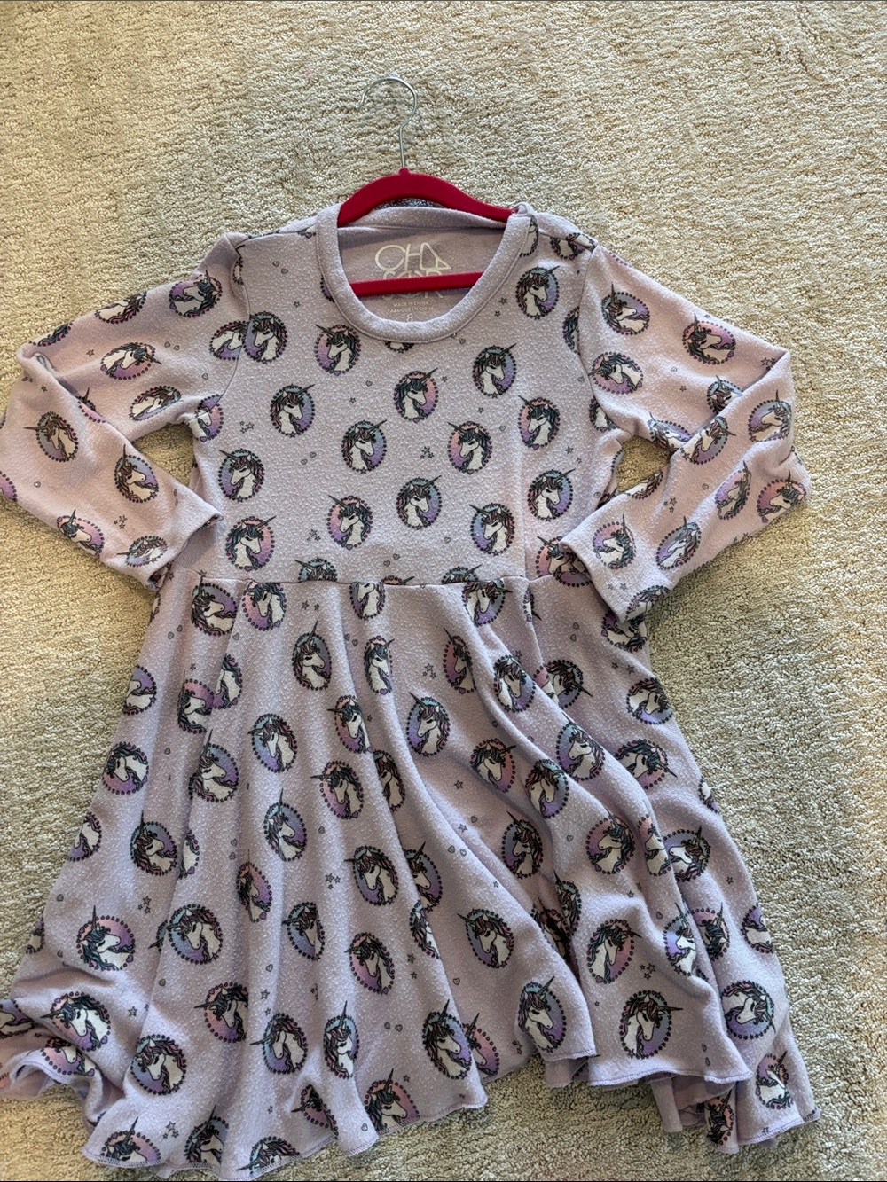 Girls' Lavender Unicorn Print Long Sleeve Dress